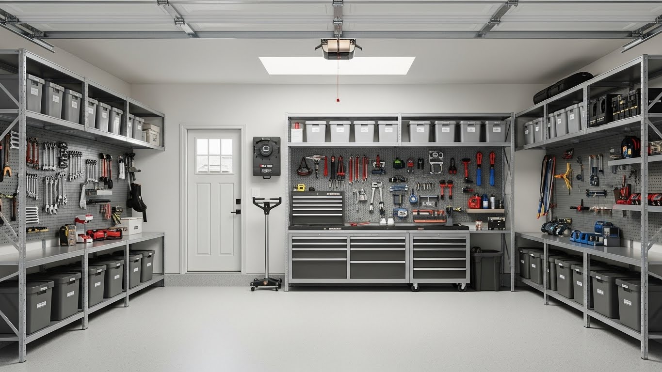 Same garage after ELEV transformation — pristine epoxy floor, organized cabinets